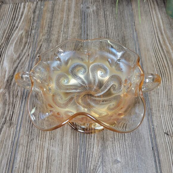 Antique Dugan Question Marks Marigold Carnival Bon Bon Dish 2 Handled - Picture 2 of 4